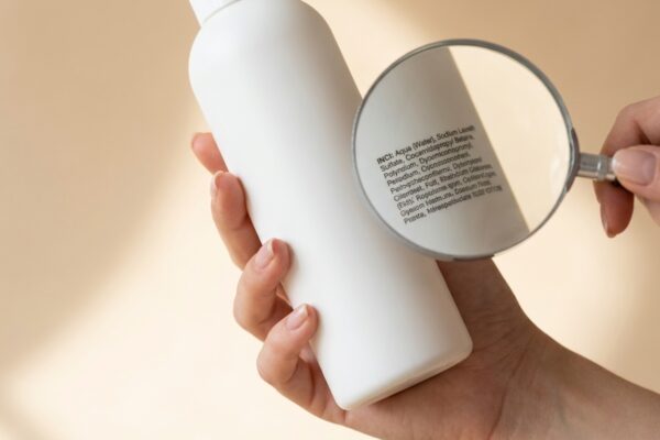 Lupe über INCI-Liste einer Shampoo-Flasche, Hinweis auf Schadstoffe in Hundeshampoo