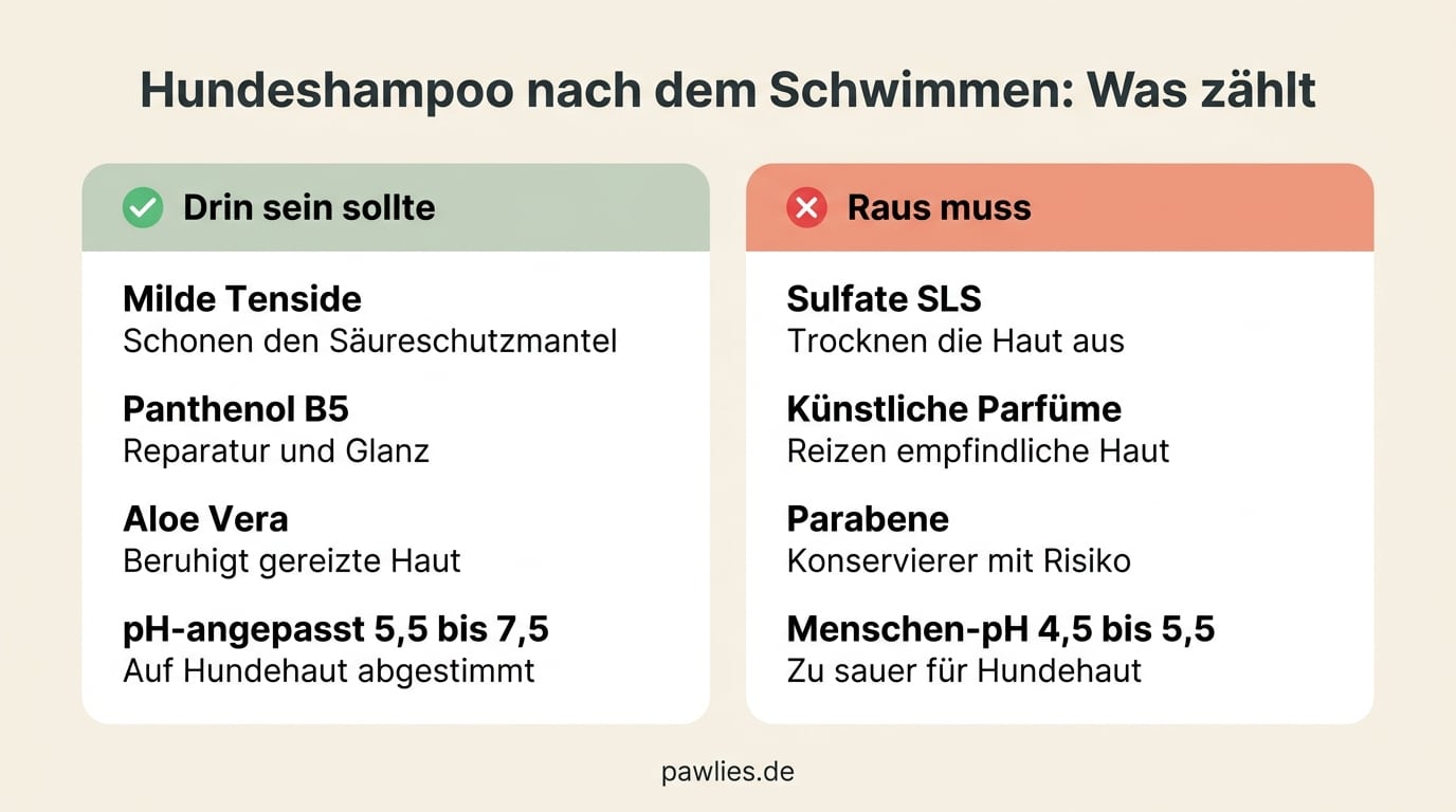 Vergleichsgrafik Hundeshampoo Inhaltsstoffe: Drin sollten milde Tenside, Panthenol B5, Aloe Vera und pH-angepasst 5,5 bis 7,5 sein. Raus müssen Sulfate SLS, künstliche Parfüme, Parabene und Menschen-pH 4,5 bis 5,5