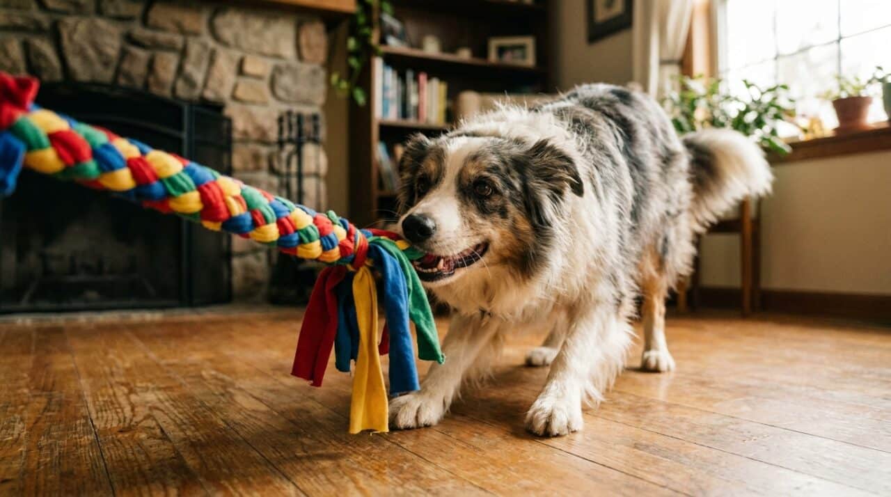 Border Collie spielt mit selbstgemachtem Zergel aus bunten Stoffstreifen