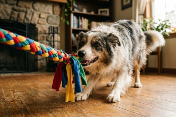 Border Collie spielt mit selbstgemachtem Zergel aus bunten Stoffstreifen