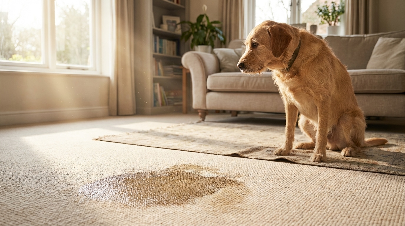 Hundeurin-Fleck auf hellem Teppich - Hund sitzt schuldbewusst daneben
