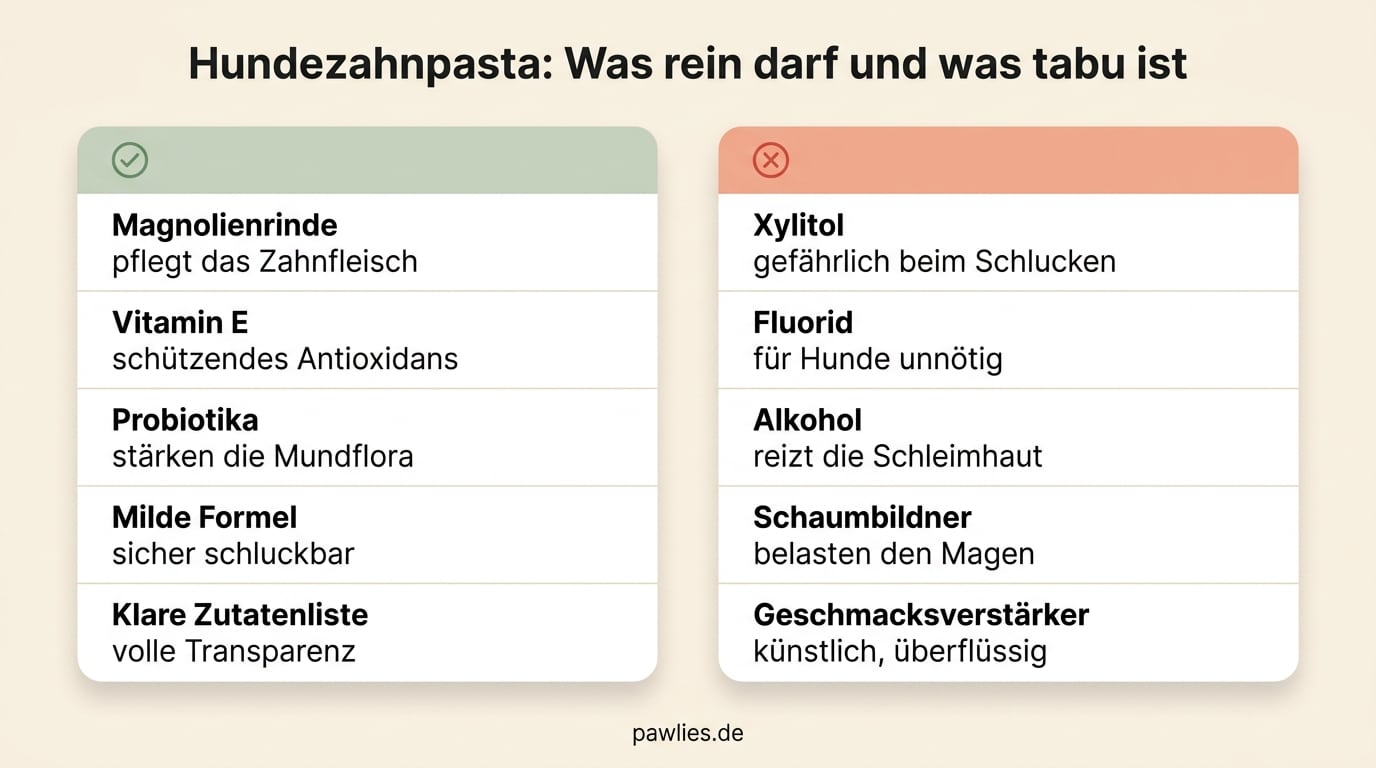 Vergleich Hundezahnpasta Inhaltsstoffe: Rein gehören Magnolienrinde, Vitamin E, Probiotika, milde Formel und klare Zutatenliste. Tabu sind Xylitol, Fluorid, Alkohol, Schaumbildner und Geschmacksverstärker.