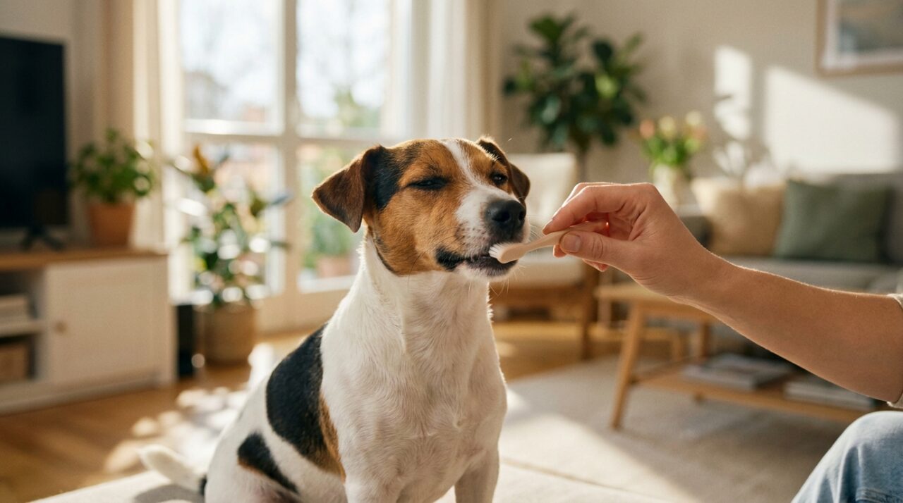 Jack Russell Terrier bekommt entspannt die Zähne mit Hundezahnpasta geputzt