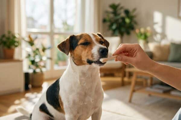 Jack Russell Terrier bekommt entspannt die Zähne mit Hundezahnpasta geputzt