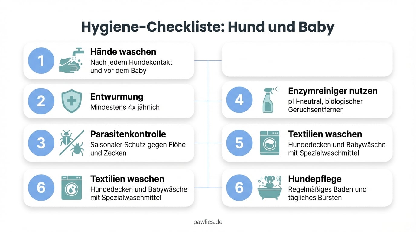Hygiene-Checkliste Hund und Baby: 6 Schritte - Hände waschen, Entwurmung, Parasitenkontrolle, Enzymreiniger, Textilien waschen, Hundepflege