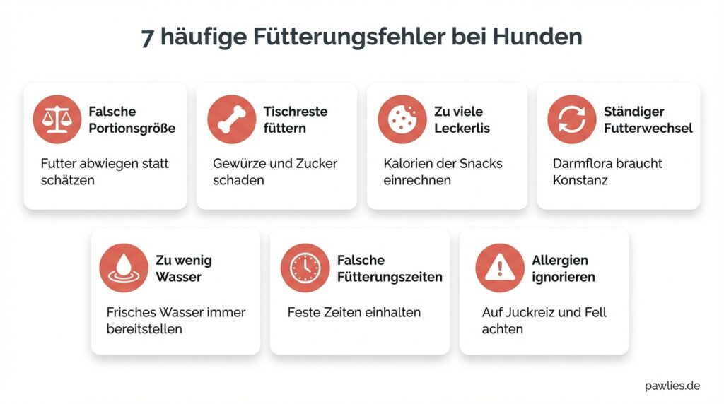 Infografik: 7 häufige Fütterungsfehler bei Hunden - Falsche Portionsgröße, Tischreste füttern, Zu viele Leckerlis, Ständiger Futterwechsel, Zu wenig Wasser, Falsche Fütterungszeiten, Allergien ignorieren