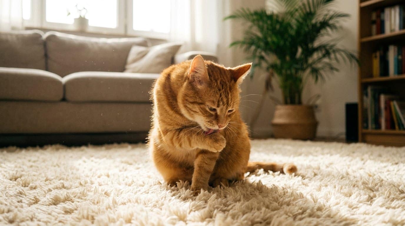 Rot getigerte Katze putzt sich auf einem hellen Hochflorteppich, beim Putzen verschluckte Haare kommen oft als Haarballen hoch