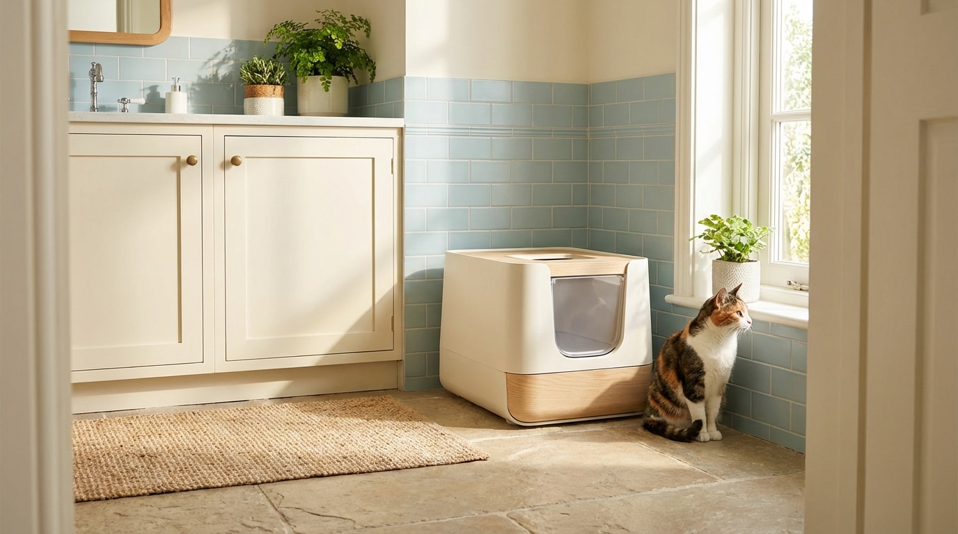 Katze sitzt neben sauberem Katzenklo - Katzenklo-Geruch entfernen mit Enzymreiniger