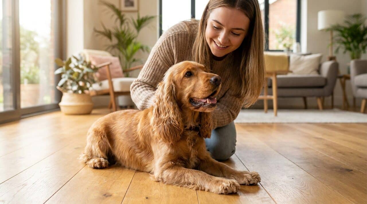 Cocker Spaniel mit Frauchen im Wohnzimmer als Symbolbild zum Thema Mundgeruch beim Hund