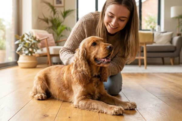 Cocker Spaniel mit Frauchen im Wohnzimmer als Symbolbild zum Thema Mundgeruch beim Hund