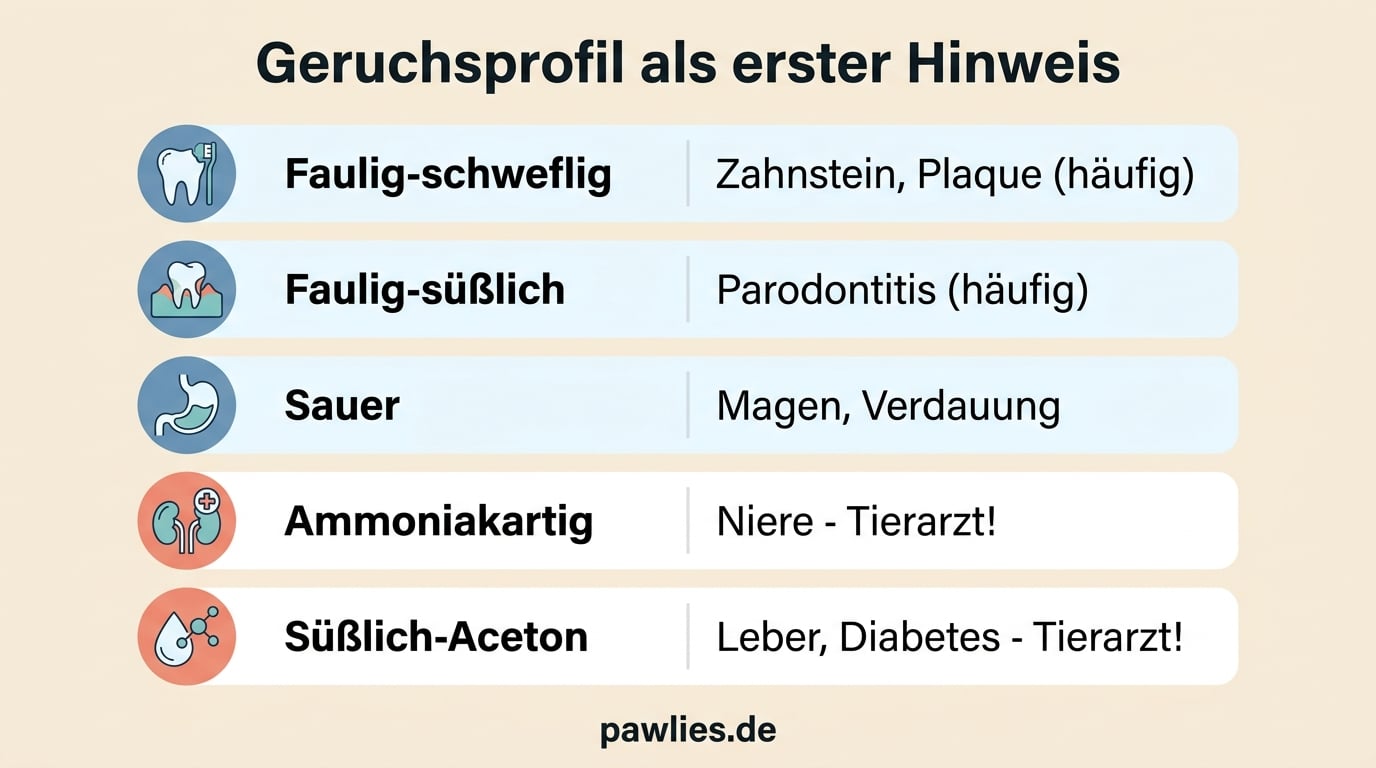 Infografik Geruchsprofil Mundgeruch Hund: Faulig-schweflig deutet auf Zahnstein, faulig-suesslich auf Parodontitis, sauer auf Magenprobleme, ammoniakartig auf Niere und suesslich-Aceton auf Leber oder Diabetes hin