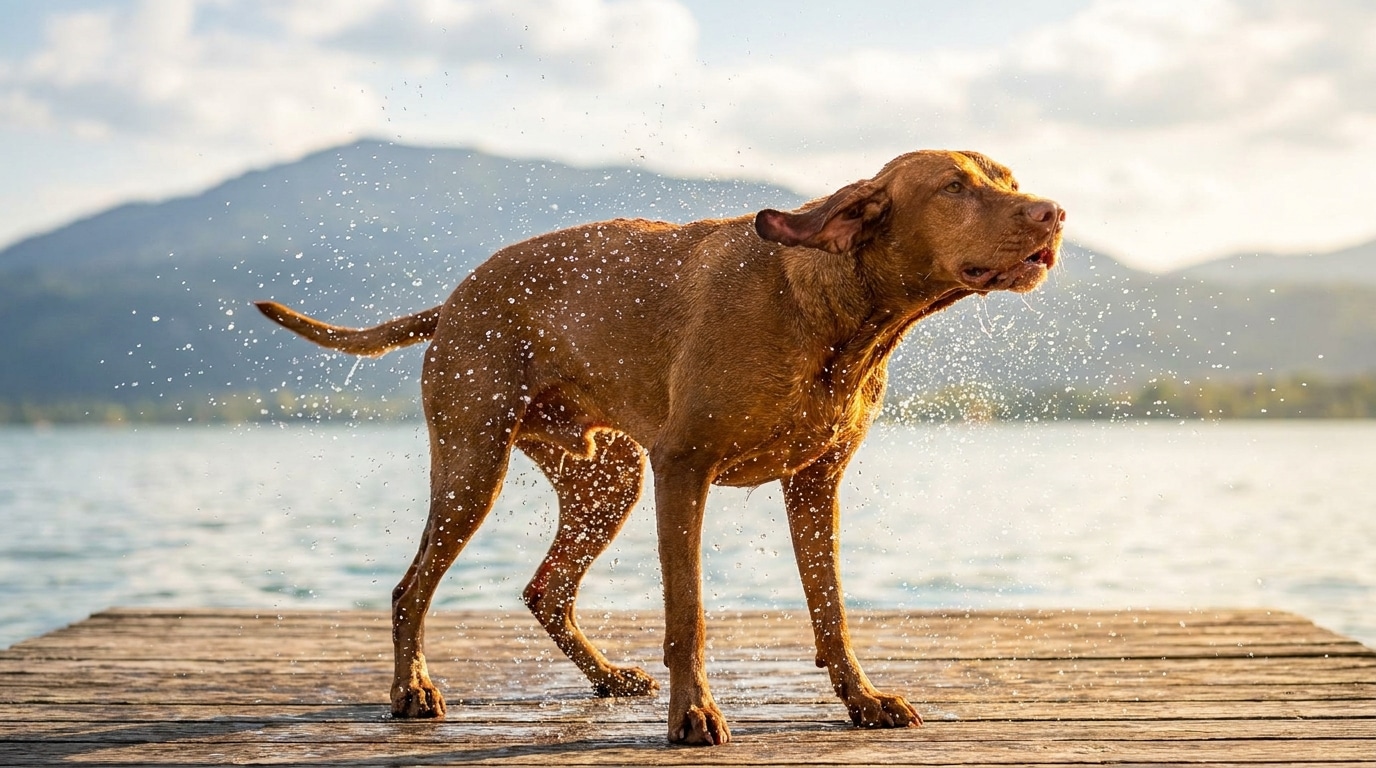 Nasser Hund schüttelt sich auf einem Steg am See, Wassertropfen fliegen, warmes Abendlicht der Badesaison