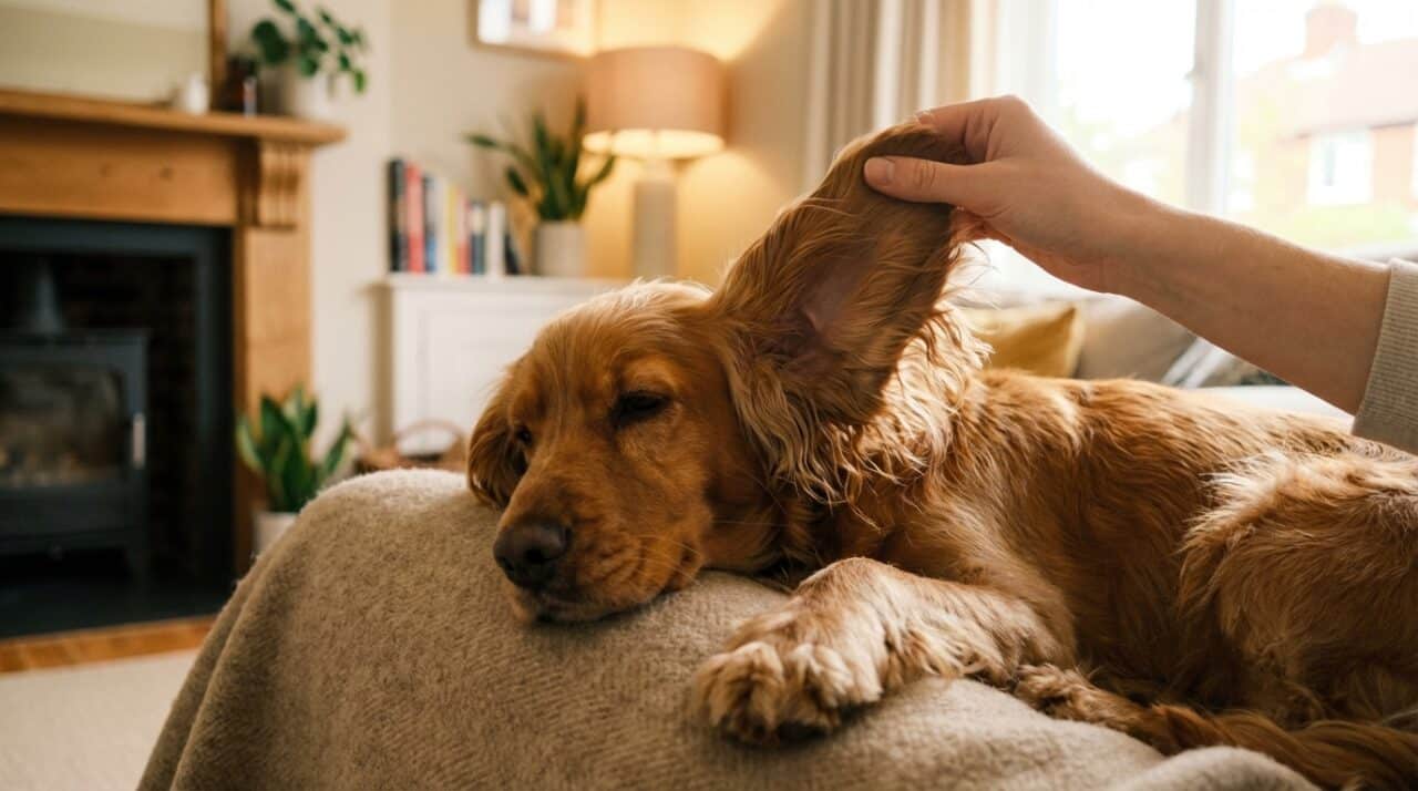 Cocker Spaniel liegt entspannt waehrend eine Hand sein Schlappohr untersucht