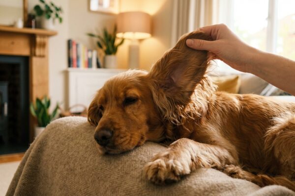 Cocker Spaniel liegt entspannt waehrend eine Hand sein Schlappohr untersucht