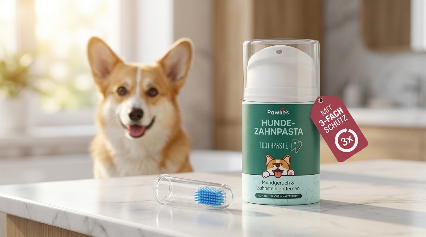 Pawlie's natürliche Hundezahnpasta Tube neben einer Finger-Zahnbürste auf einer Ablage, im Hintergrund ein kleiner Hund
