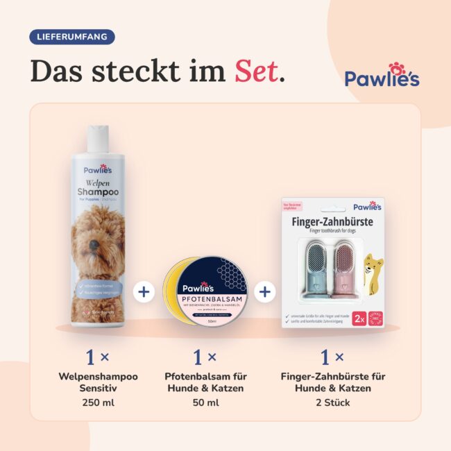Lieferumfang Pawlie's Welpen Starter-Set: Welpenshampoo Sensitiv 250 ml, Pfotenbalsam 50 ml, Finger-Zahnbürste 2 Stück