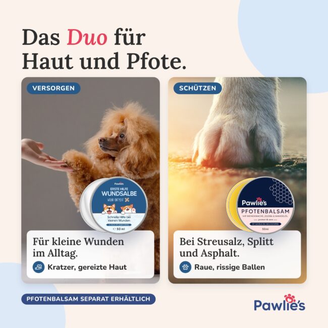 Pawlie's Wundsalbe für Kratzer und gereizte Haut und Pfotenbalsam für raue, rissige Ballen bei Streusalz, Splitt und Asphalt