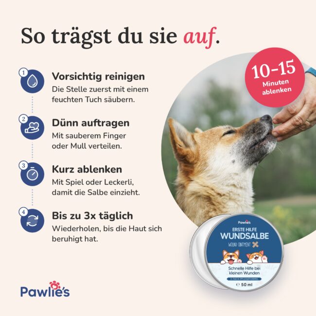 Anleitung Pawlie's Wundsalbe: Stelle vorsichtig reinigen, dünn auftragen, 10 bis 15 Minuten ablenken, bis zu dreimal täglich
