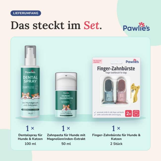 Lieferumfang Pawlie's Zahnpflege Set: Dentalspray 100 ml, Zahnpasta 50 ml und Finger-Zahnbürste 2 Stück