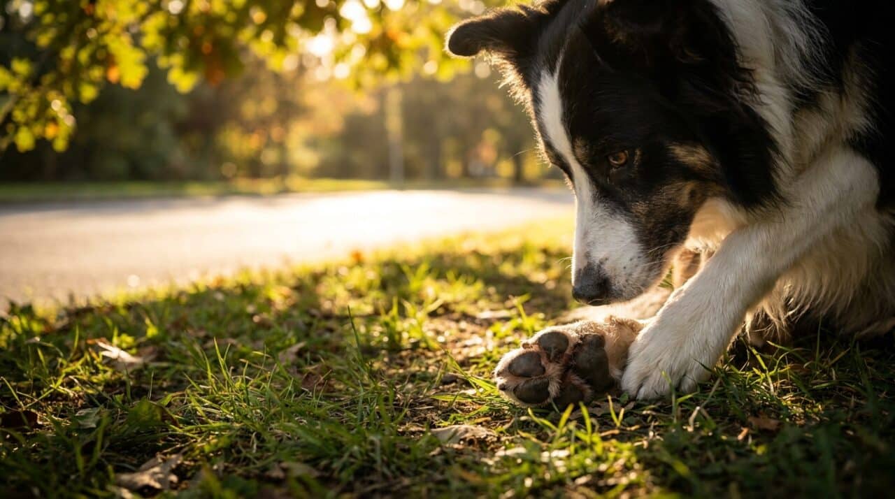 Border Collie steht im Schatten auf Wiese und schaut auf seine Pfote, sonniger Asphaltweg im Hintergrund