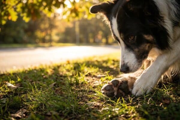 Border Collie steht im Schatten auf Wiese und schaut auf seine Pfote, sonniger Asphaltweg im Hintergrund