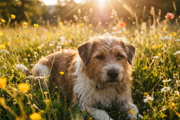 Mischlingshund mit Pollenallergie schnüffelt auf blühender Frühlingswiese