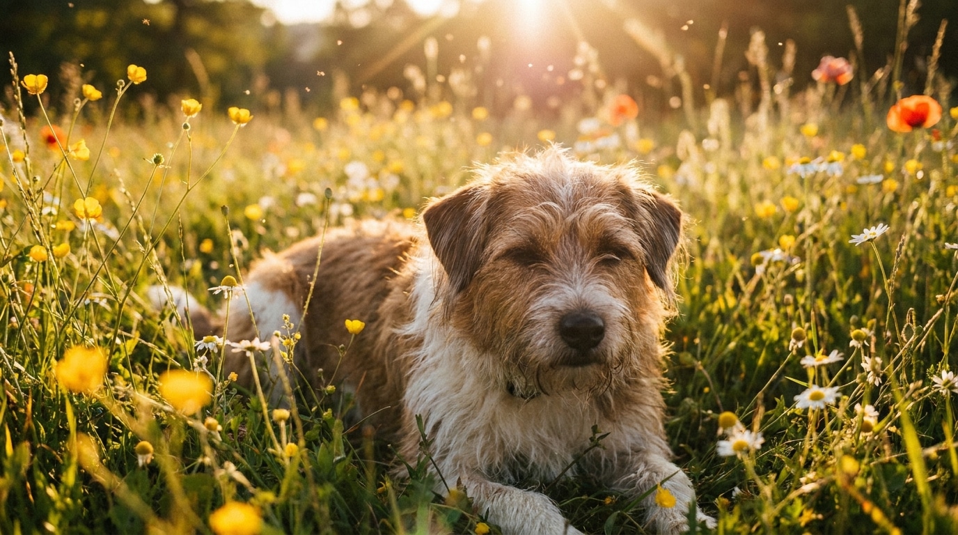 Mischlingshund mit beigem Fell liegt auf einer sonnigen Frühlingswiese mit Pollen in der Luft