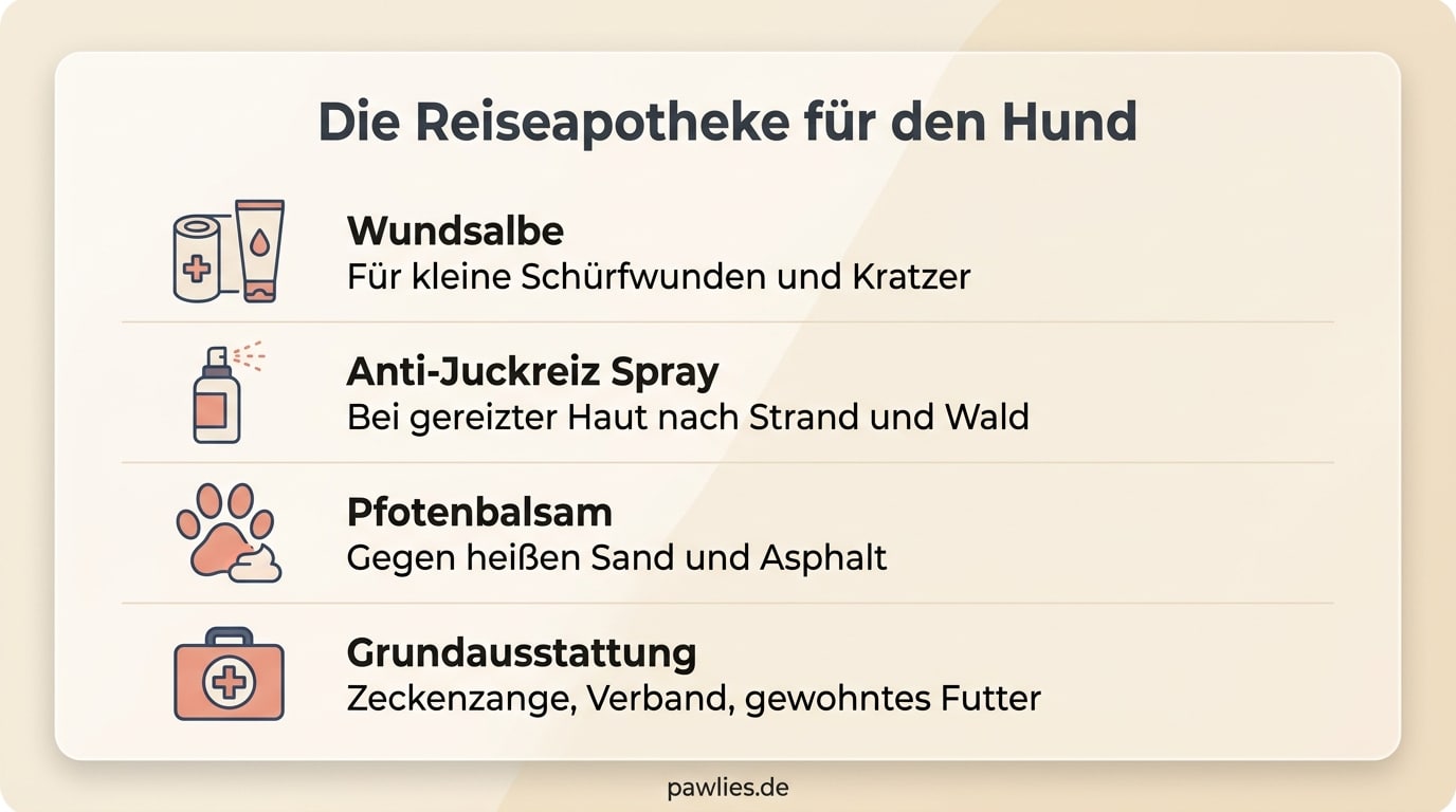 Infografik Reiseapotheke für den Hund: Wundsalbe für Schürfwunden, Anti-Juckreiz Spray bei gereizter Haut, Pfotenbalsam gegen heißen Sand, Grundausstattung mit Zeckenzange