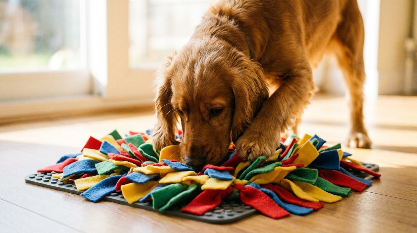 Hund sucht Leckerlis in einem selbstgemachten Schnueffelteppich aus Fleece-Streifen