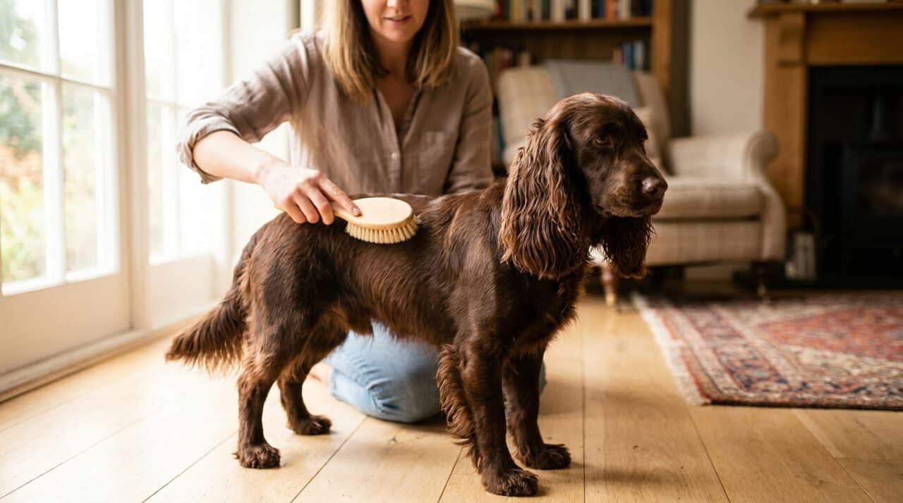 Frau bürstet einen braunen Cocker Spaniel im Wohnzimmer, Fellpflege bei Schuppen