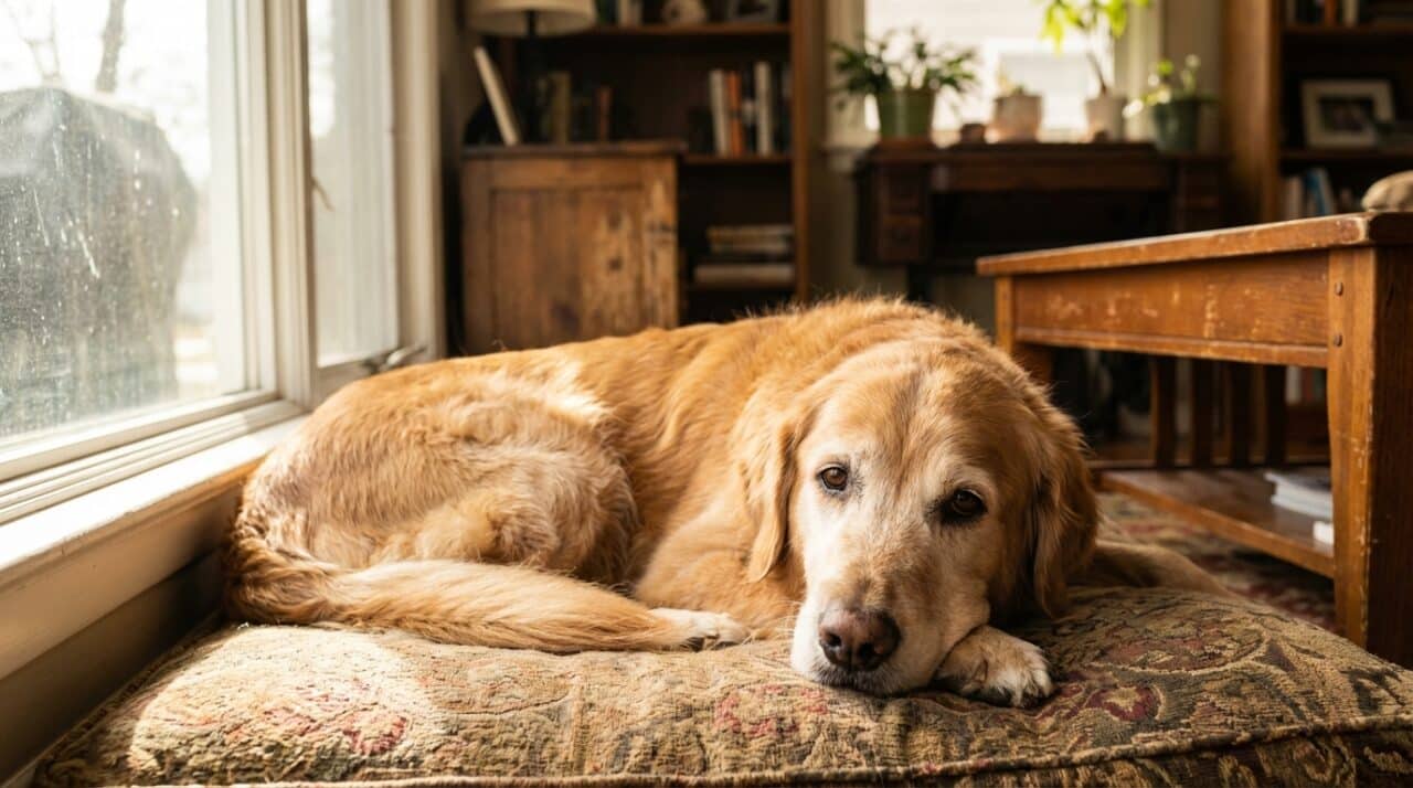 Älterer Golden Retriever mit grauer Schnauze liegt entspannt auf einem weichen Kissen - Seniorenhund Pflege