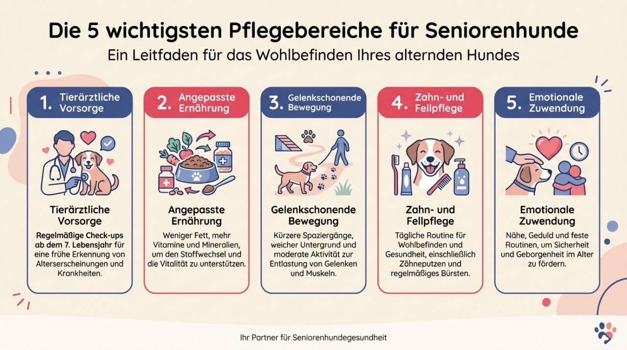 Infografik: Die 5 wichtigsten Pflegebereiche für Seniorenhunde - Tierärztliche Vorsorge, Ernährung, Bewegung, Zahn- und Fellpflege, Emotionale Zuwendung