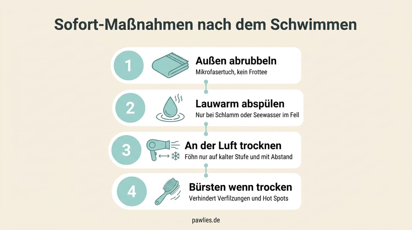 Infografik Sofort-Maßnahmen nach dem Schwimmen: Außen abrubbeln mit Mikrofasertuch, lauwarm abspülen bei Schlamm, an der Luft trocknen ohne heißen Föhn, bürsten wenn trocken