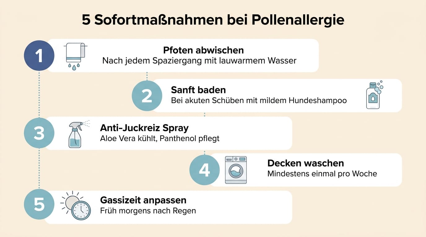 Infografik mit fünf Sofortmaßnahmen bei Pollenallergie beim Hund: Pfoten abwischen, sanft baden, Anti-Juckreiz Spray, Decken waschen, Gassizeit anpassen