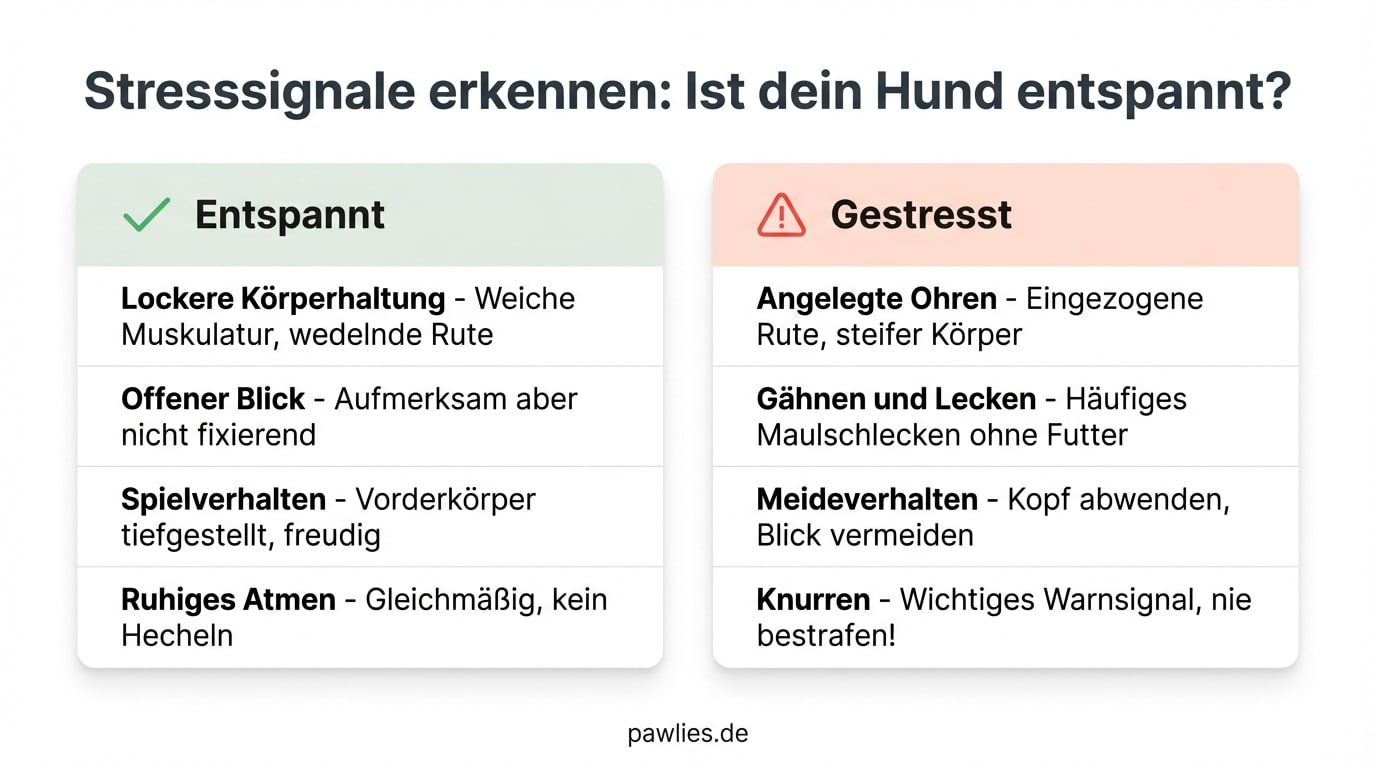 Infografik Stresssignale beim Hund erkennen: Entspannt vs. Gestresst - Lockere Haltung, offener Blick, Spielverhalten vs. angelegte Ohren, Gähnen, Meideverhalten, Knurren