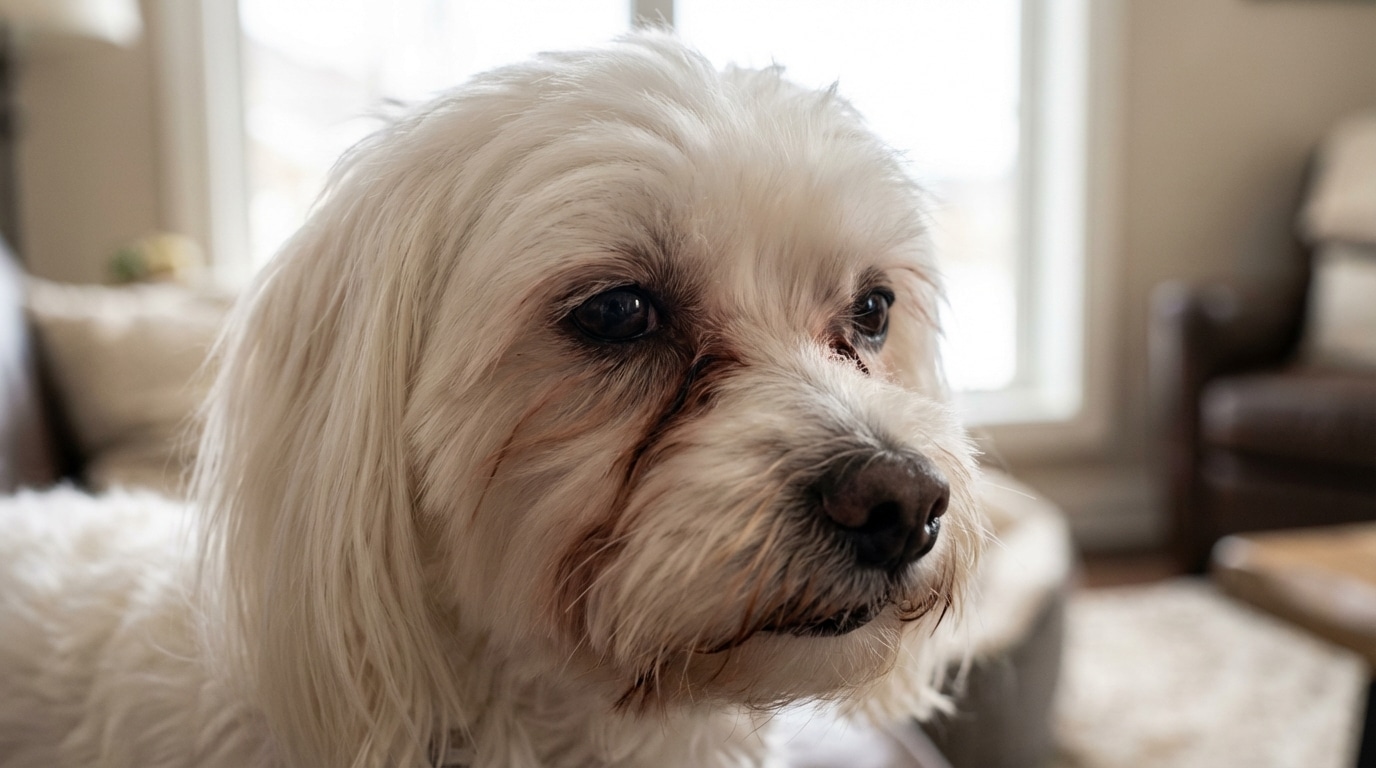 Weißer Malteser mit rötlichen Tränenflecken unter den Augen - Fellverfärbungen bei weißem Hundefell