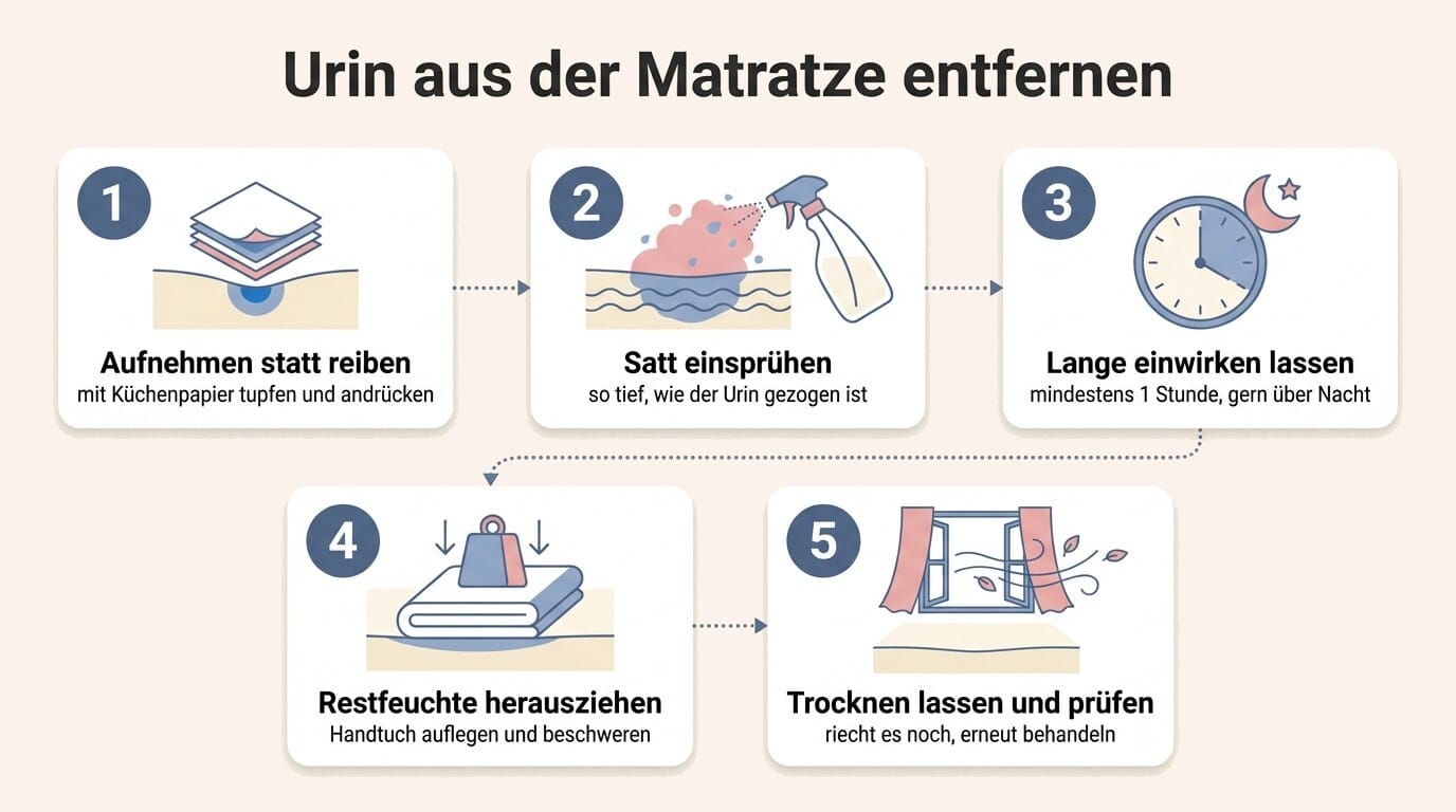 Infografik Urin aus der Matratze entfernen in 5 Schritten: aufnehmen statt reiben, satt einsprühen, mindestens 1 Stunde einwirken, Handtuch beschweren, trocknen und prüfen