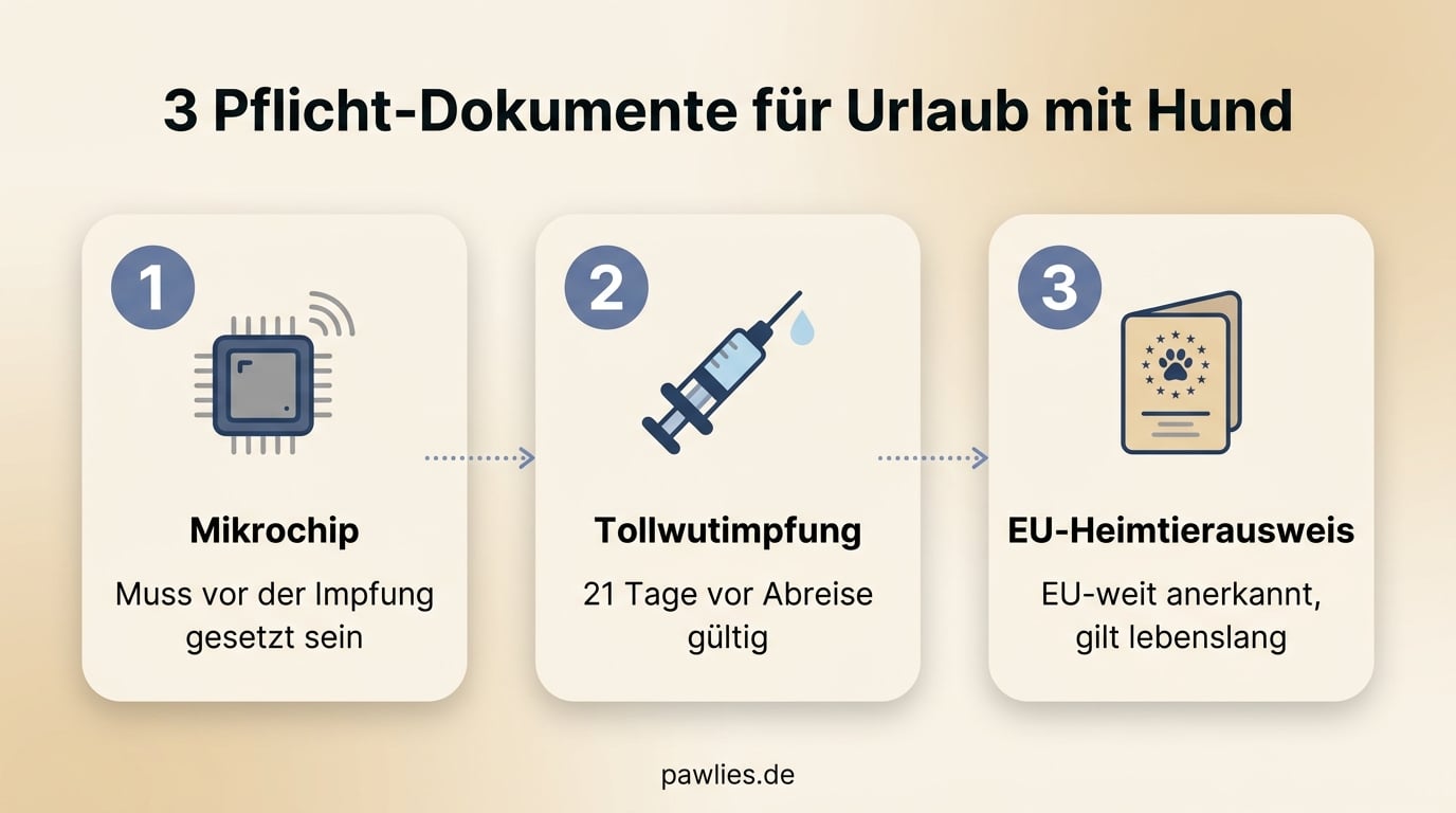 Infografik: 3 Pflicht-Dokumente für Urlaub mit Hund, Mikrochip, Tollwutimpfung 21 Tage vor Abreise, EU-Heimtierausweis