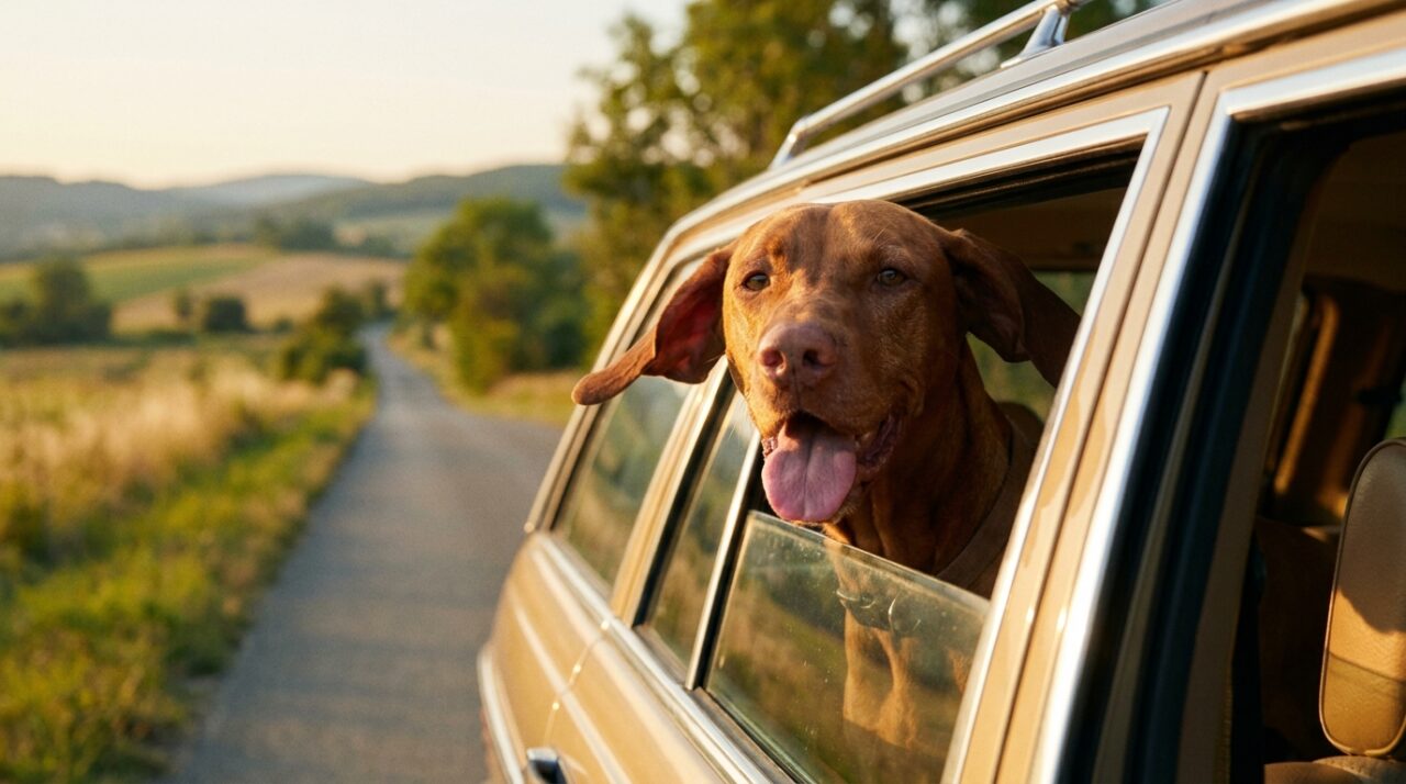 Hund schaut aus dem Autofenster auf einer Sommerreise, Urlaub mit Hund im Ausland