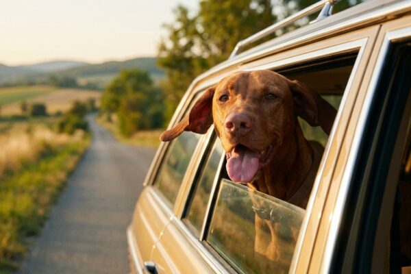 Hund schaut aus dem Autofenster auf einer Sommerreise, Urlaub mit Hund im Ausland