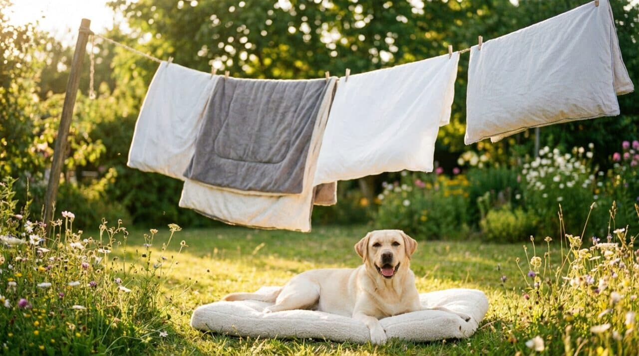 Frisch gewaschene Hundebettwäsche auf einer Wäscheleine im Garten - Labrador liegt auf sauberem Hundebett
