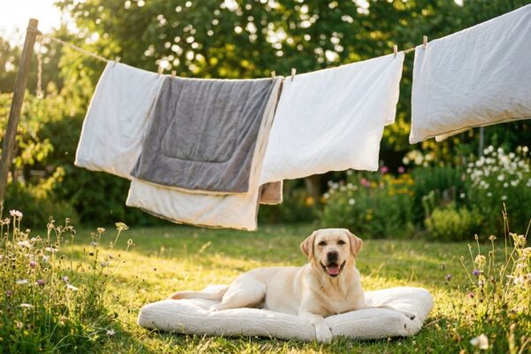 Frisch gewaschene Hundebettwäsche auf einer Wäscheleine im Garten - Labrador liegt auf sauberem Hundebett