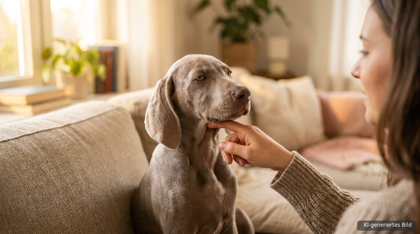 Weimaraner-Welpe lässt sich auf dem Sofa entspannt unter dem Kinn berühren, Vorübung für den Blick ins Maul