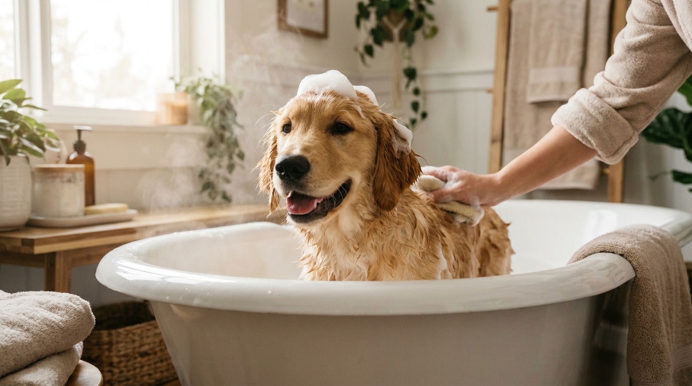 Glücklicher Golden Retriever Welpe wird sanft in einer Badewanne gebadet - Pflegeroutinen als Teil der Welpenerziehung