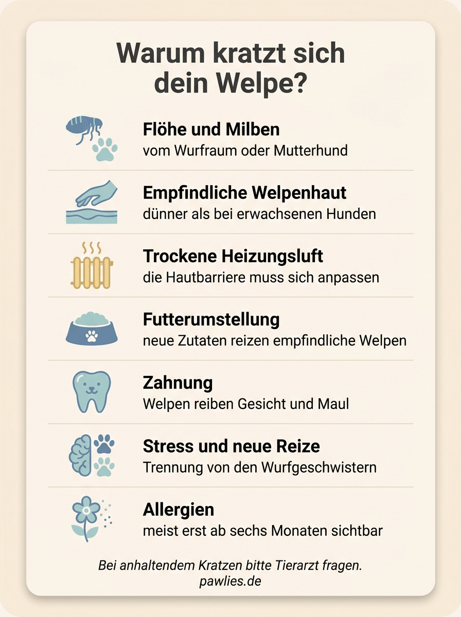 Infografik mit sieben Hauptursachen, warum sich ein Welpe kratzt: Floehe und Milben, empfindliche Welpenhaut, trockene Heizungsluft, Futterumstellung, Zahnung, Stress und neue Reize, Allergien.