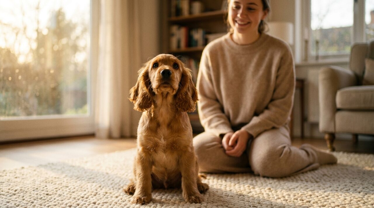 Cocker Spaniel Welpe sitzt auf einem Teppich im warmen Wohnzimmerlicht, im Hintergrund kniet die Halterin gelassen daneben.