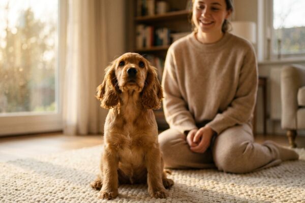 Cocker Spaniel Welpe sitzt auf einem Teppich im warmen Wohnzimmerlicht, im Hintergrund kniet die Halterin gelassen daneben.