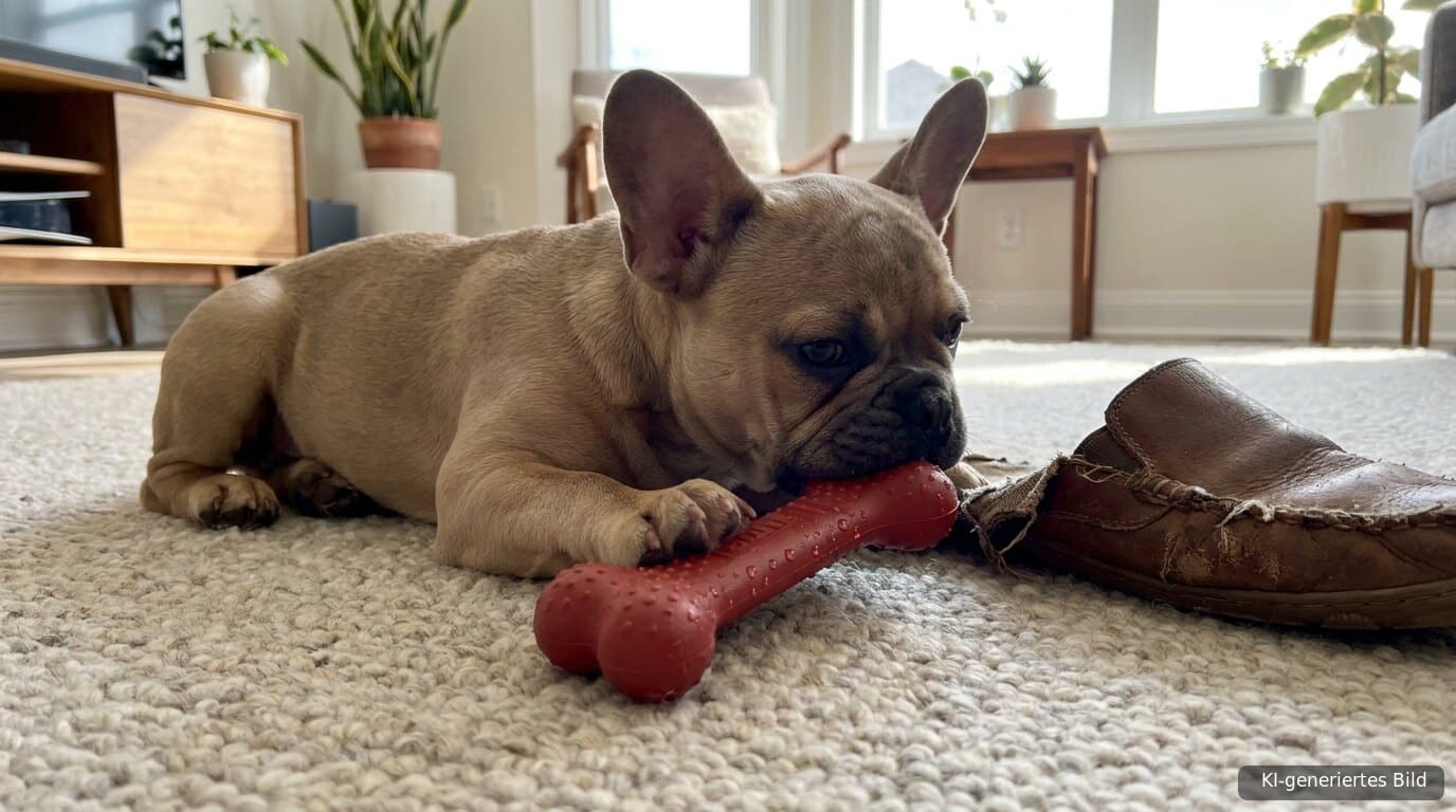 Junge Französische Bulldogge kaut auf einem roten Kauknochen aus Gummi statt auf dem Hausschuh