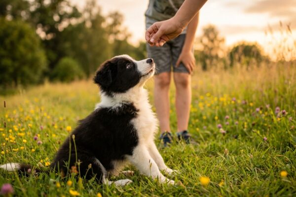 Border Collie Welpe sitzt aufmerksam auf gruener Wiese und schaut zu Besitzer hoch