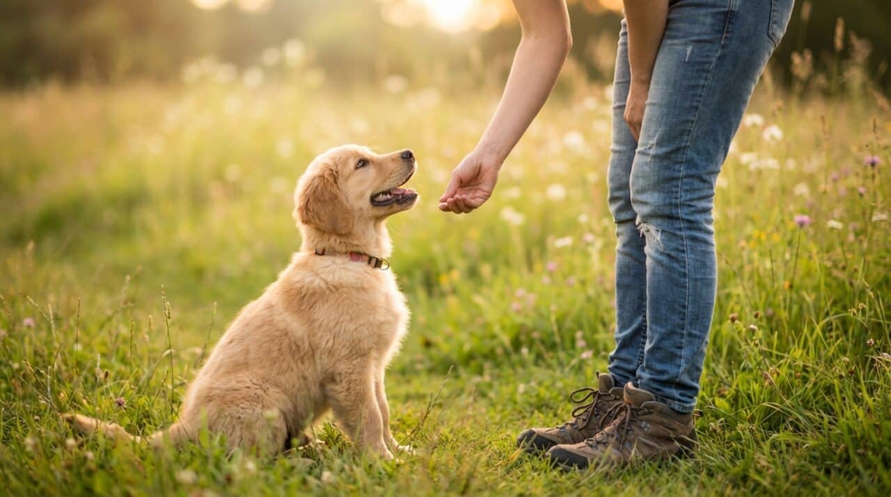 Golden Retriever Welpe sitzt aufmerksam auf grüner Wiese und schaut zu seinem Besitzer hoch - Welpenerziehung Grundlagen